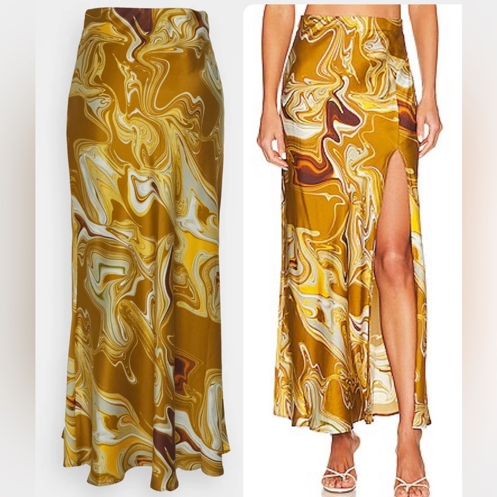 Bec + Bridge Gold Marble Silk Maxi Skirt
